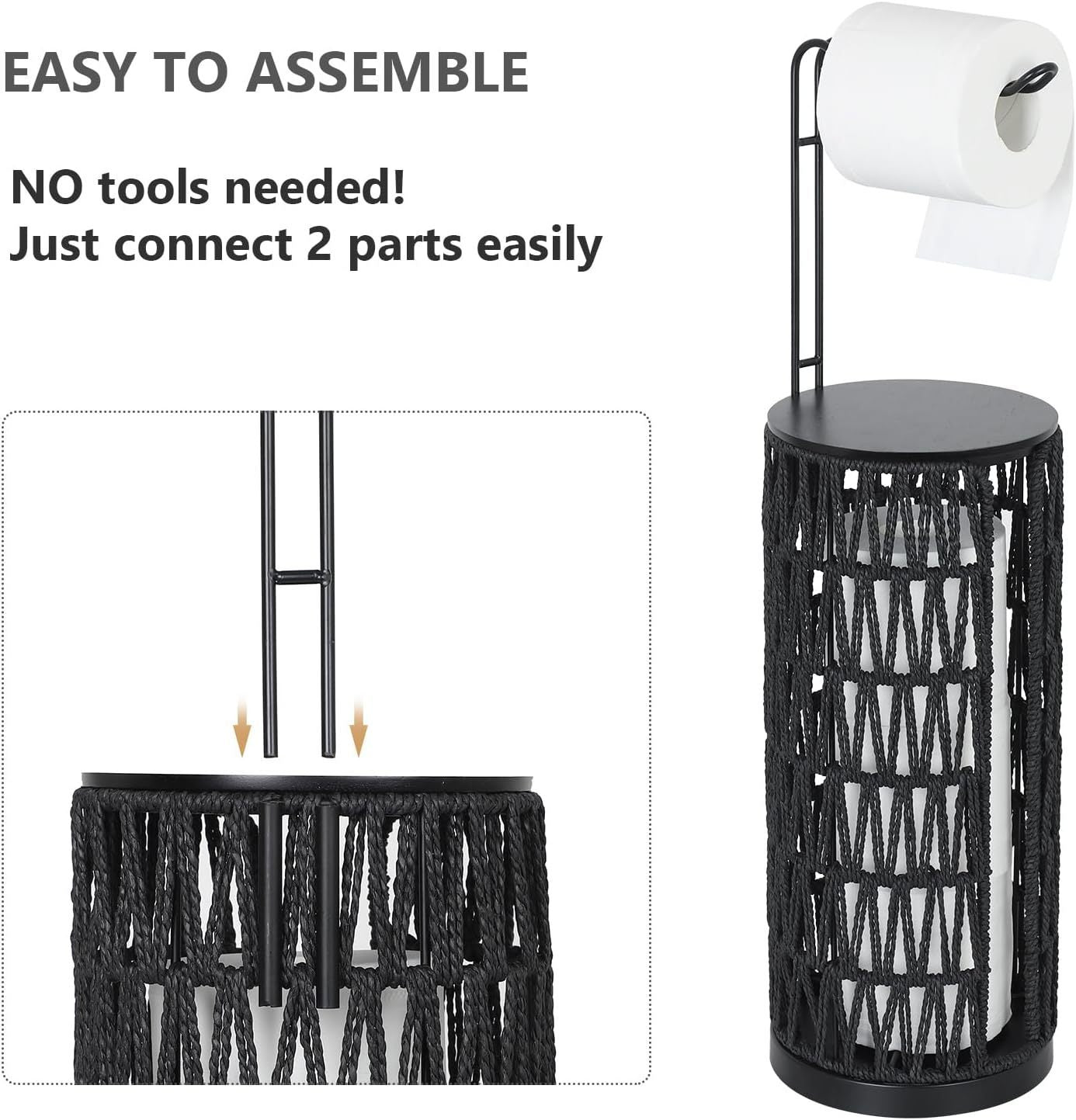Black Freestanding Toilet Paper Holder with Storage,3 Rolls of Tissue Holder for Bathroom,Handmade Woven Toilet Paper Roll Holder Stand,Rattan Sturdy Boho Bathroom