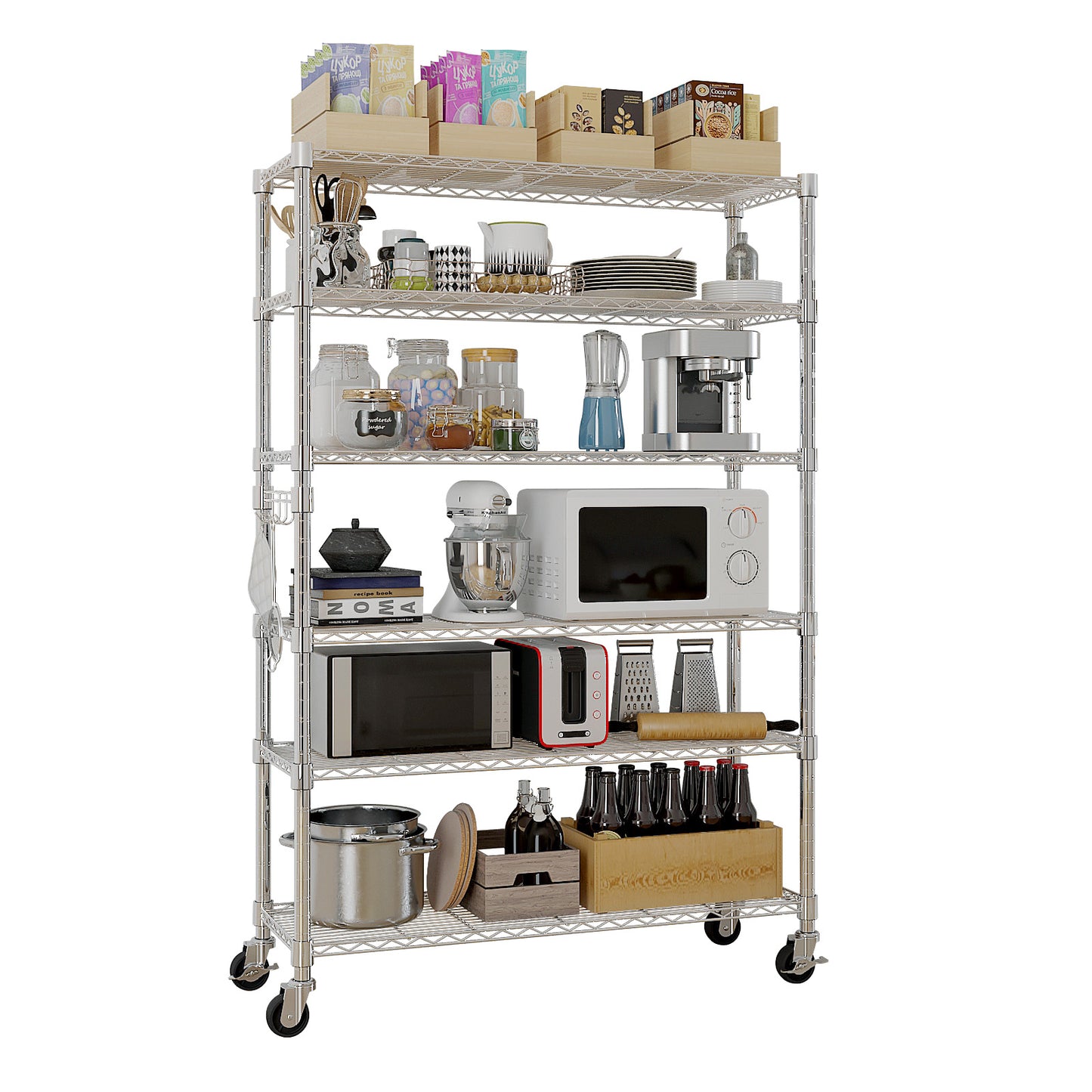6-Tier disassembly and free assembly NSF-Certified Steel Wire Shelving with Wheels