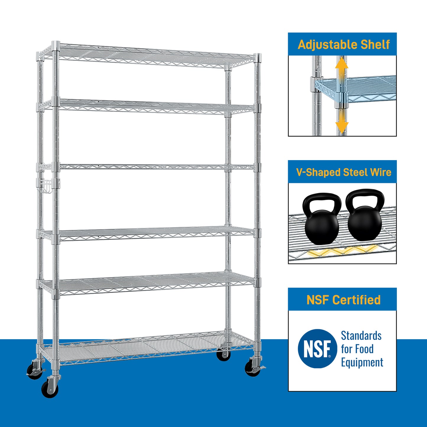 6-Tier disassembly and free assembly NSF-Certified Steel Wire Shelving with Wheels