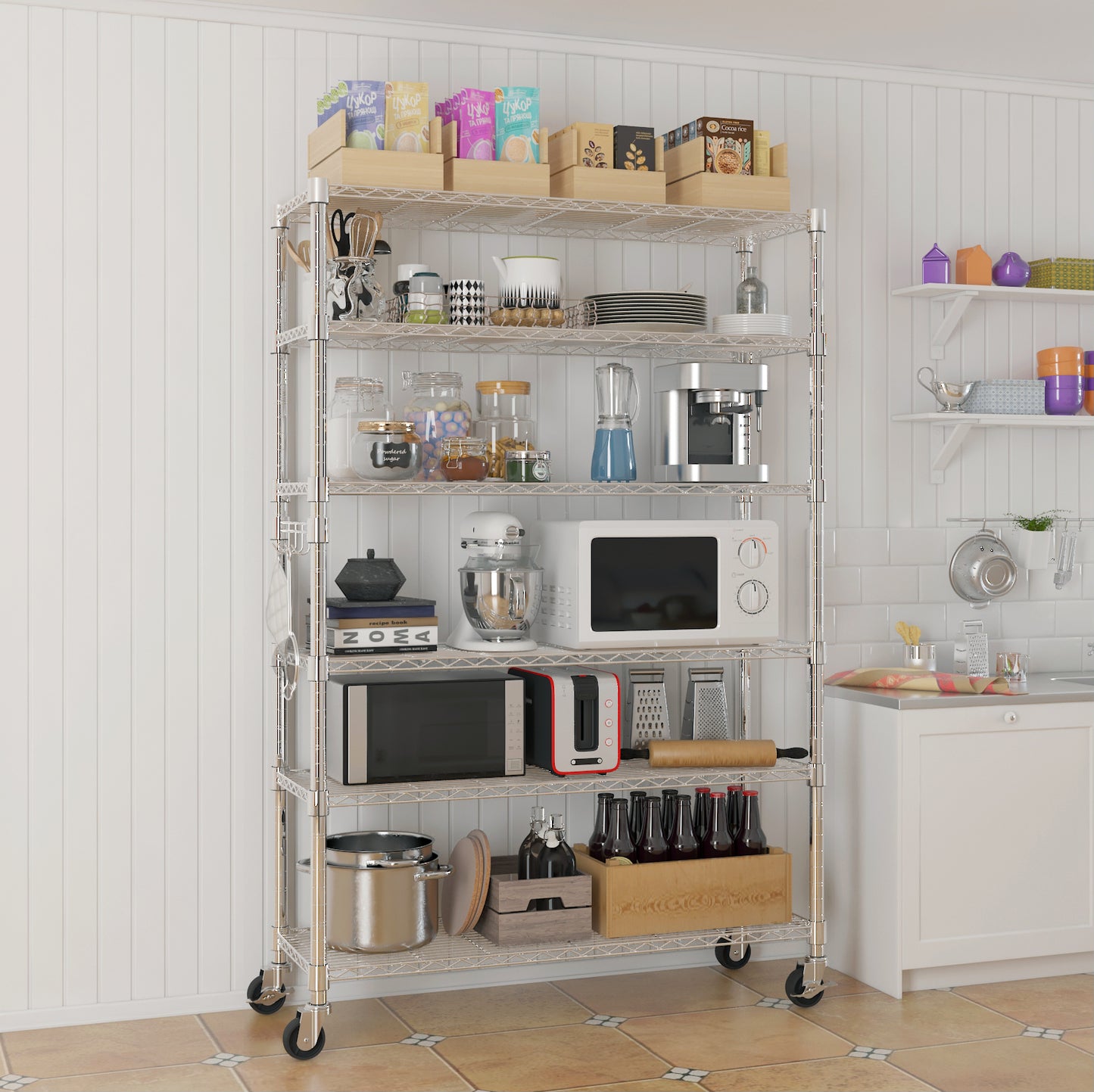 6-Tier disassembly and free assembly NSF-Certified Steel Wire Shelving with Wheels