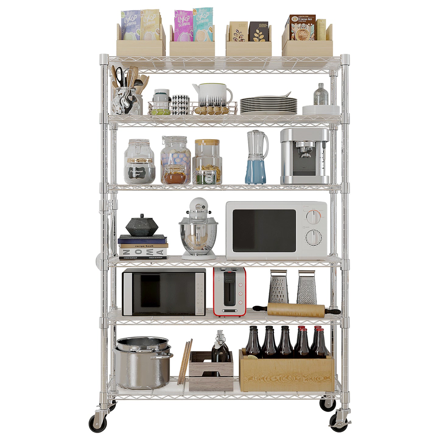 6-Tier disassembly and free assembly NSF-Certified Steel Wire Shelving with Wheels