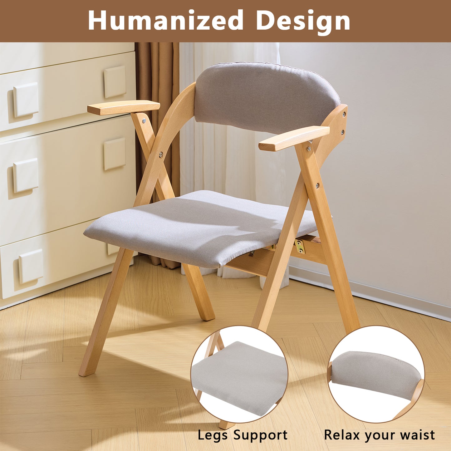 Set of 2 Wooden Folding Chairs with Padded Seats and Armrests, Portable Simple Folding Chairs with Cushion for Guests Kitchen Office Wedding Party Picnic, Natural Frame with Light Gray Cushion