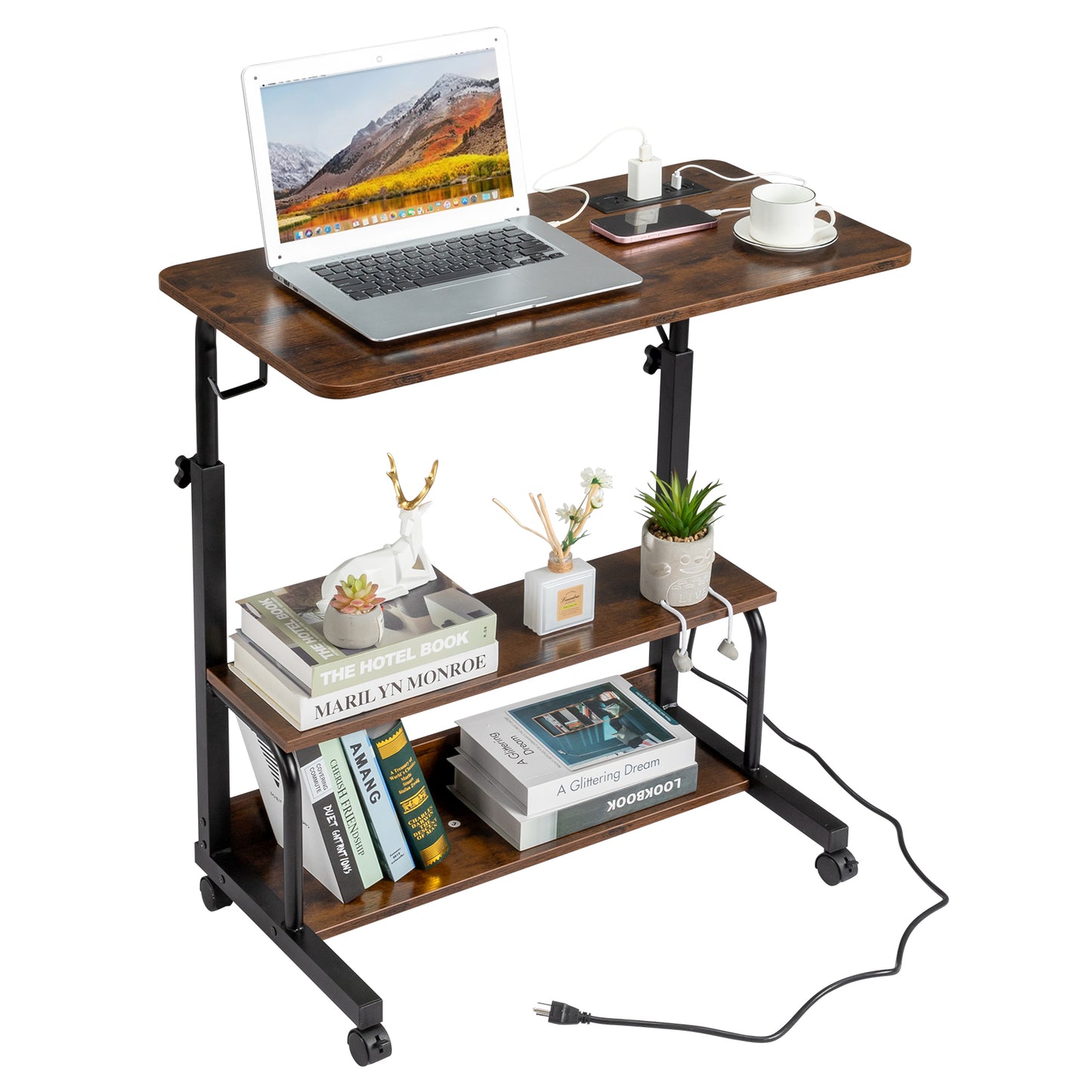 Vintage Brown P2 15MM Particle Board with Melamine Coating Adjustable Computer Desk with 3 USB + 2 AC Outlets