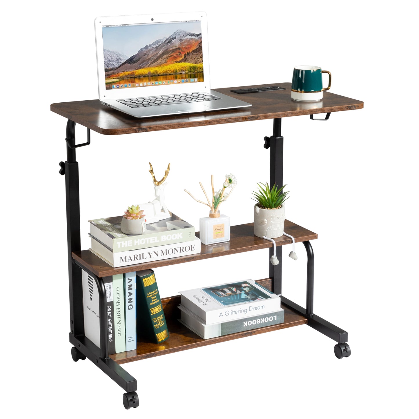 Vintage Brown P2 15MM Particle Board with Melamine Coating Adjustable Computer Desk with 3 USB + 2 AC Outlets