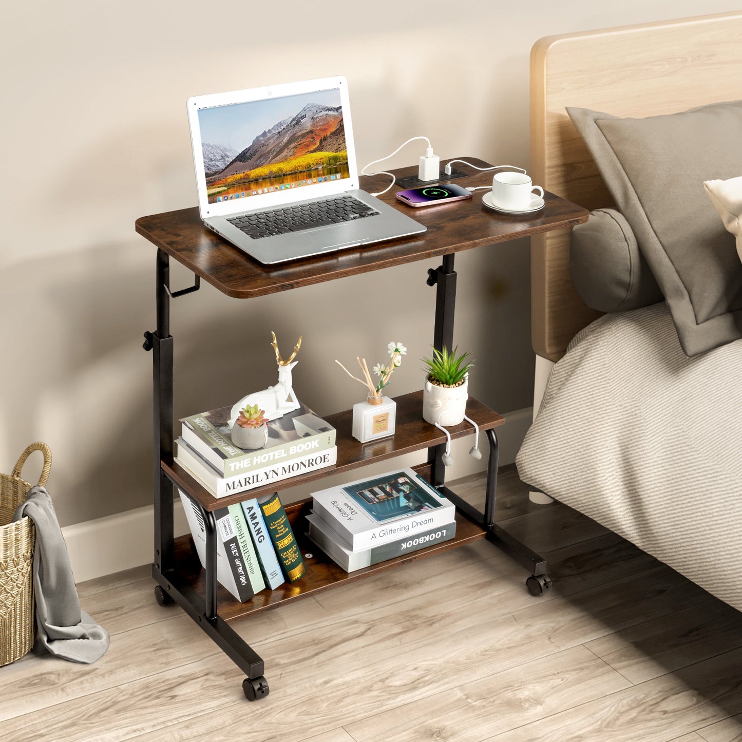 Vintage Brown P2 15MM Particle Board with Melamine Coating Adjustable Computer Desk with 3 USB + 2 AC Outlets