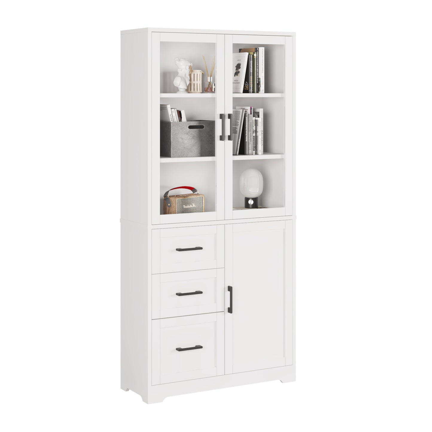 3 doors 3 drawers 5 layers Triamine board veneer 78*38.5*170cm display cabinet white N001