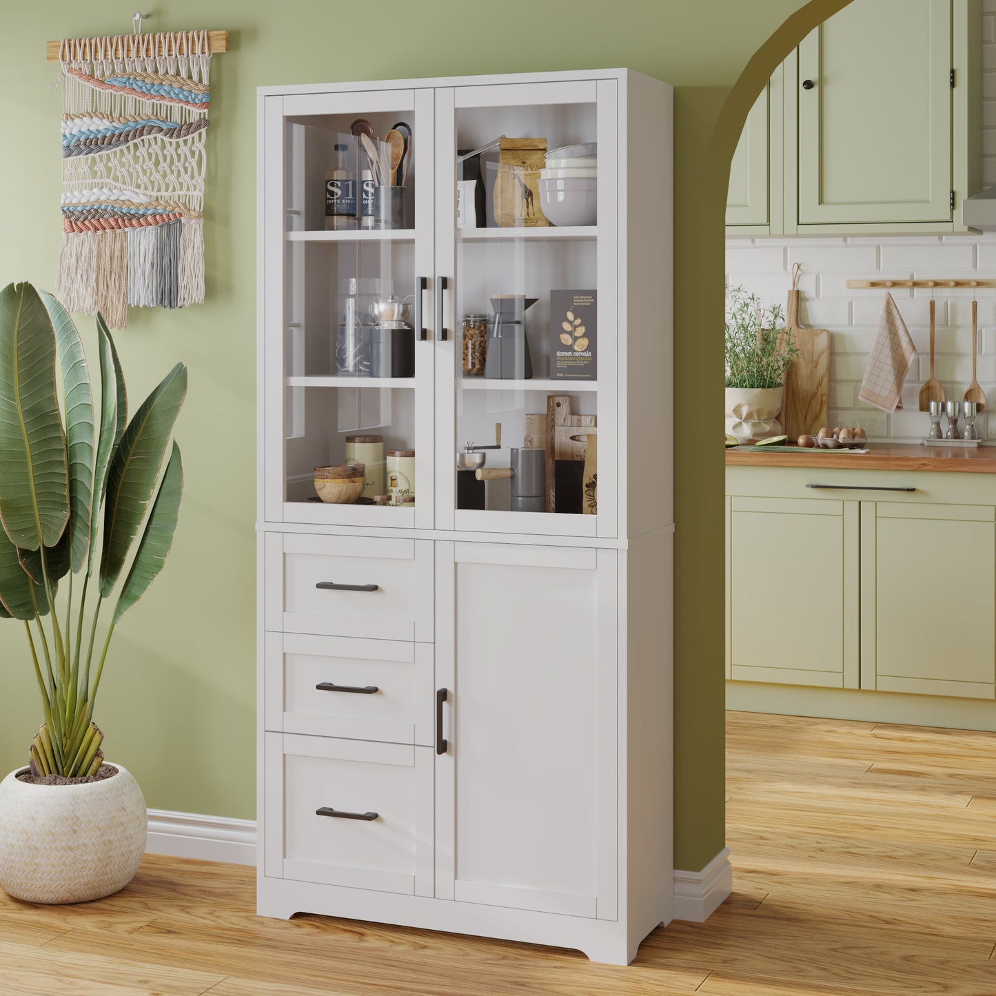 3 doors 3 drawers 5 layers Triamine board veneer 78*38.5*170cm display cabinet white N001