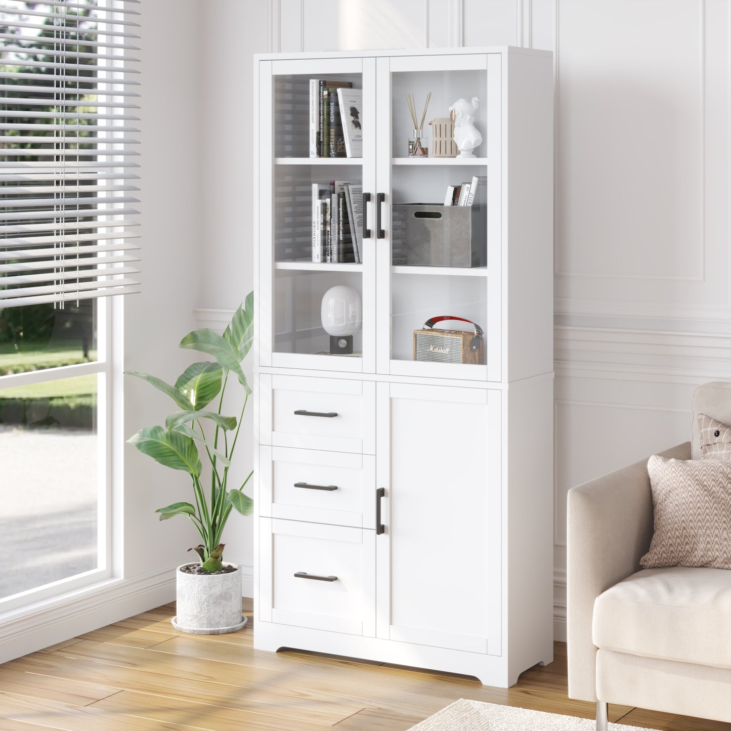 3 doors 3 drawers 5 layers Triamine board veneer 78*38.5*170cm display cabinet white N001