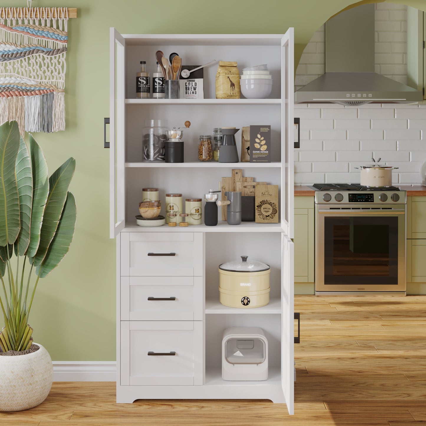 3 doors 3 drawers 5 layers Triamine board veneer 78*38.5*170cm display cabinet white N001