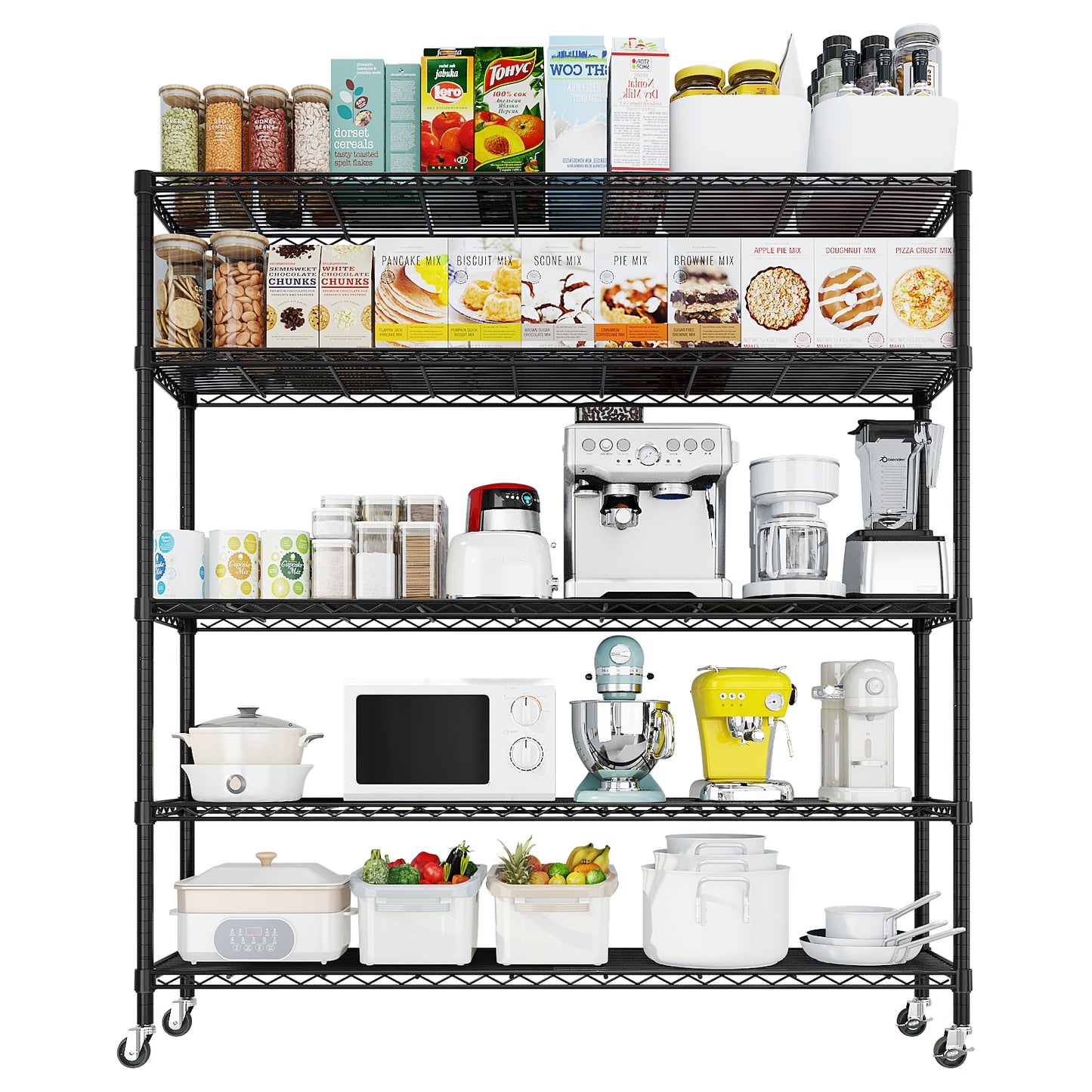 Heavy Duty Storage Shelves 59.06" W Wire Shelving Unit with Wheels 3125LBS NSF Metal Shelves for Storage Adjustable Garage Storage Rack Pantry Shelf Commercial Shelving, 74.02" H X 59.06''W X 17.72
