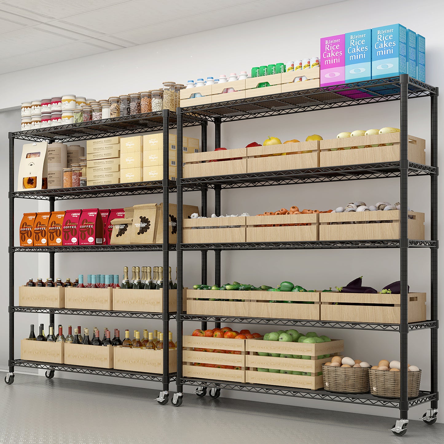 Heavy Duty Storage Shelves 59.06" W Wire Shelving Unit with Wheels 3125LBS NSF Metal Shelves for Storage Adjustable Garage Storage Rack Pantry Shelf Commercial Shelving, 74.02" H X 59.06''W X 17.72