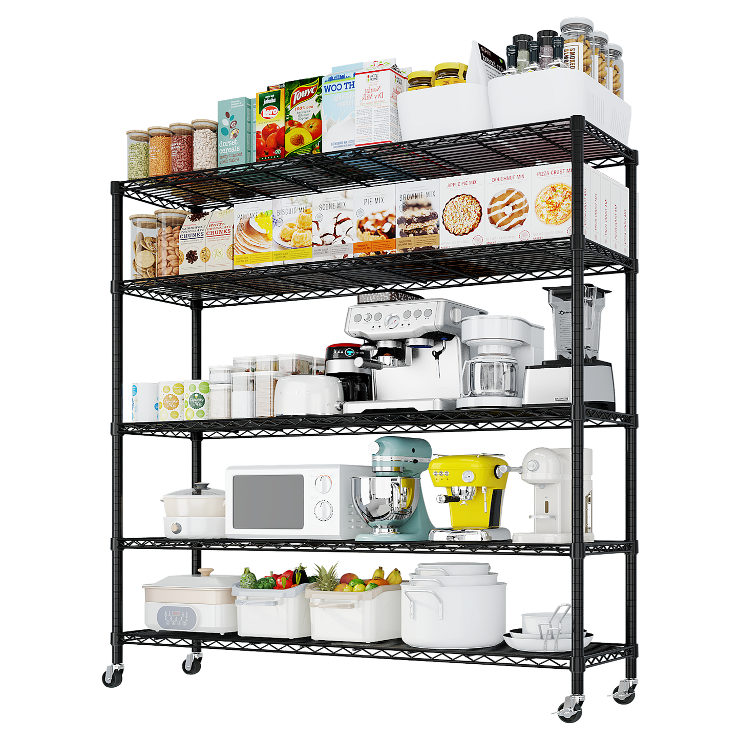 Heavy Duty Storage Shelves 59.06" W Wire Shelving Unit with Wheels 3125LBS NSF Metal Shelves for Storage Adjustable Garage Storage Rack Pantry Shelf Commercial Shelving, 74.02" H X 59.06''W X 17.72