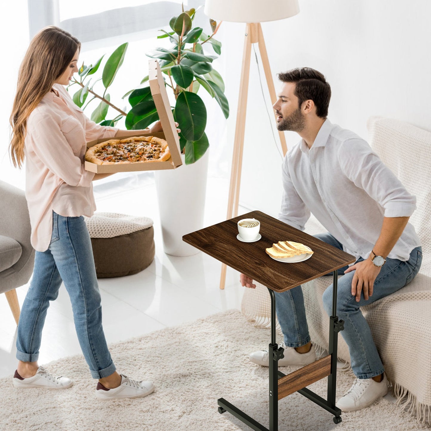 C Side Table Laptop Table Small Slim Snack Side Table for Couch Bed Sofa for Small Spaces Living Room Bedroom--Brown