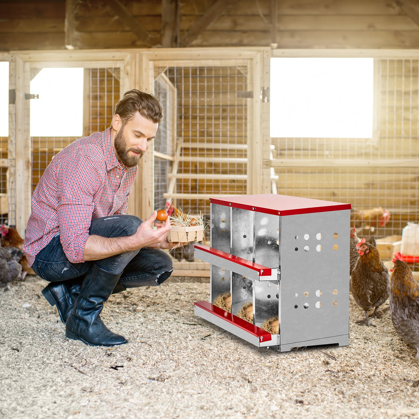 6 Compartment Roll Out Chicken Nesting Box with Basket, Egg Nest Box Chicken Laying Box Hens Chicken Coop Box