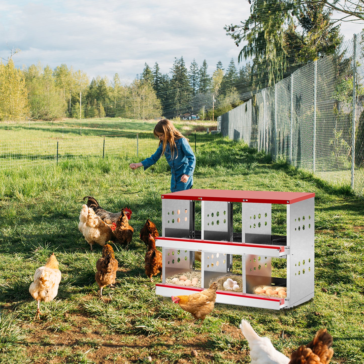 6 Compartment Roll Out Chicken Nesting Box with Basket, Egg Nest Box Chicken Laying Box Hens Chicken Coop Box
