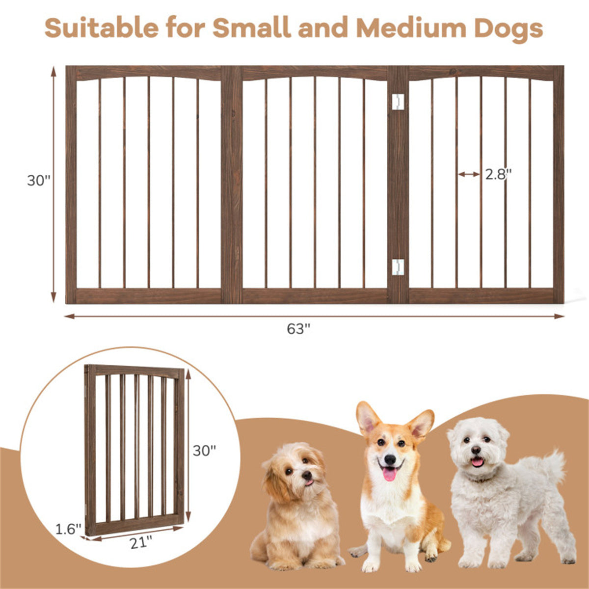 63" x 30" Brown Wooden Pet Fence