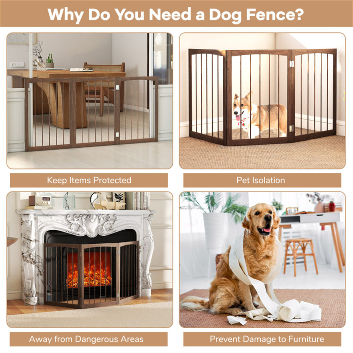 63" x 30" Brown Wooden Pet Fence