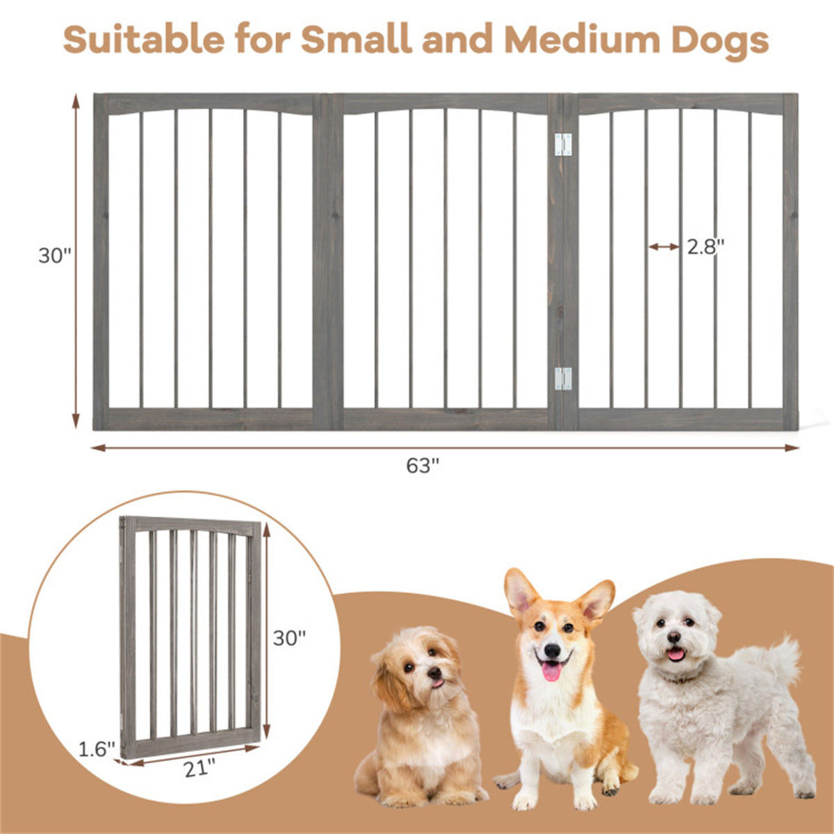 63" x 30" Gray Wooden Pet Fence