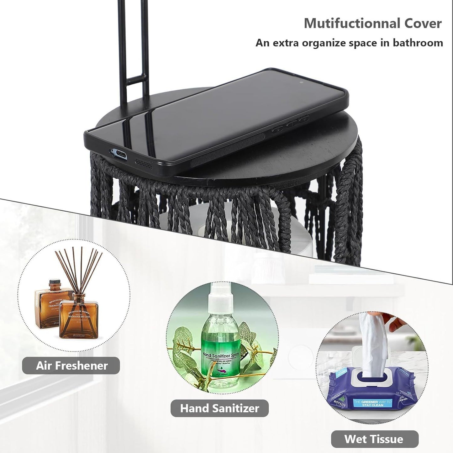 Black Freestanding Toilet Paper Holder with Storage,3 Rolls of Tissue Holder for Bathroom,Handmade Woven Toilet Paper Roll Holder Stand,Rattan Sturdy Boho Bathroom
