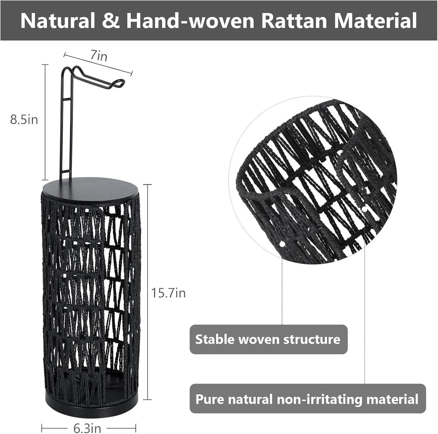 Black Freestanding Toilet Paper Holder with Storage,3 Rolls of Tissue Holder for Bathroom,Handmade Woven Toilet Paper Roll Holder Stand,Rattan Sturdy Boho Bathroom
