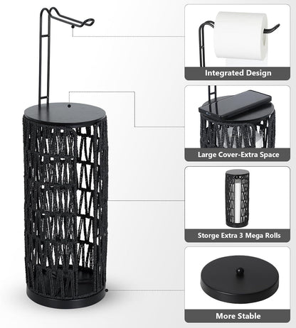 Black Freestanding Toilet Paper Holder with Storage,3 Rolls of Tissue Holder for Bathroom,Handmade Woven Toilet Paper Roll Holder Stand,Rattan Sturdy Boho Bathroom