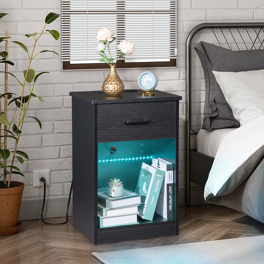40*35*60cm Particleboard Pasted Triamine Single Drawer With Socket With LED Light Bedside Table Black