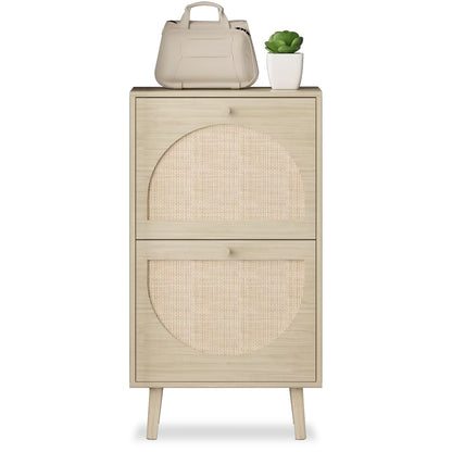 2 Drawers Shoe Cabinet Rattan Shoe Rack Shoe Storage Cupboard Organizer Unit