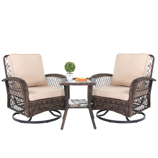 3 Pieces Patio Furniture Set, Outdoor Swivel Gliders Rocker, Wicker Patio Bistro Set with Rattan Rocking Chair, Glass Top Side Table and Thickened Cushions for Porch Deck Backyard, Brown Gradient Ratt