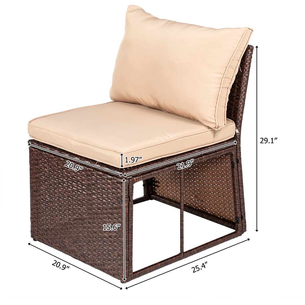 8-Piece Set Outdoor Rattan Dining Table And Chair Brown Wood Grain Rattan Khaki Cushion Plastic Wood Surface