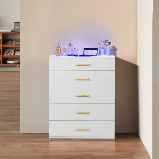 [] white pitted particleboard with triamine coating, tempered glass 66*35*83cm, visible side of the cabinet, five drawers, drawer cabinet with RGB light