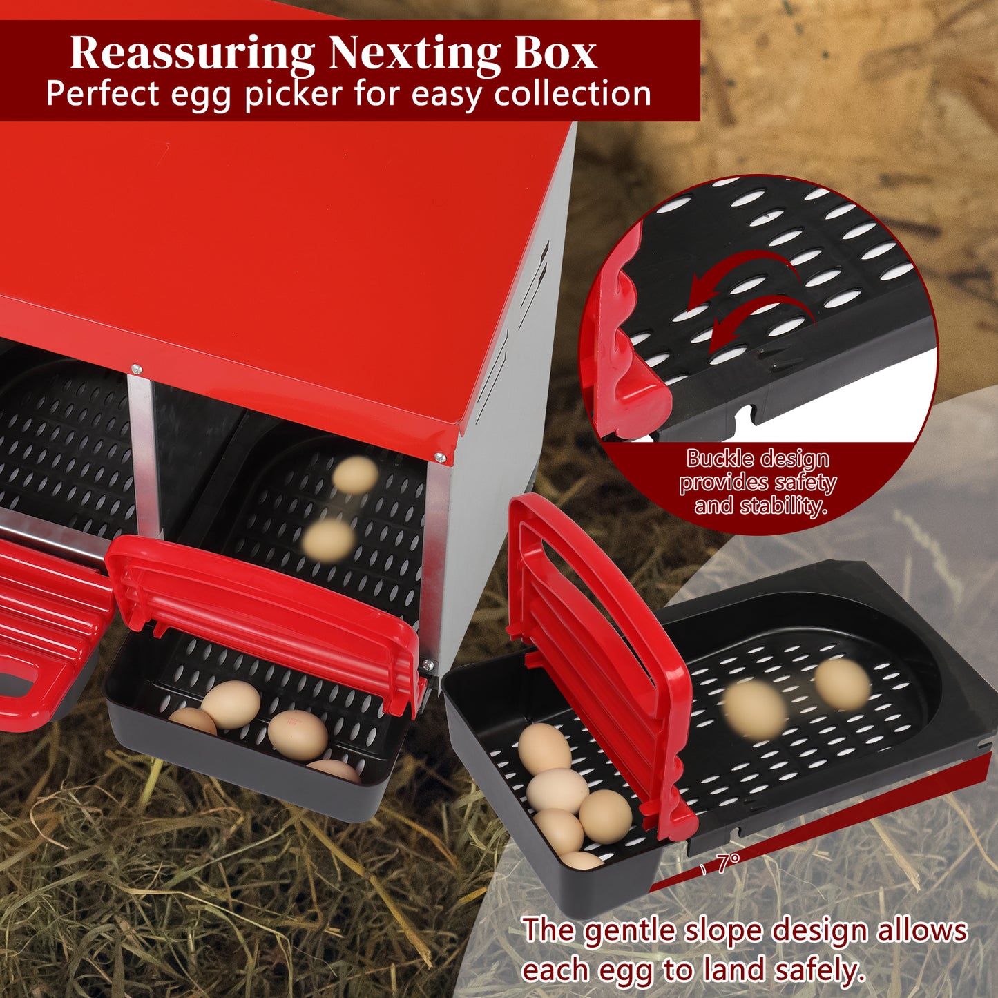#96 3 Compartment Roll Out Chicken Nesting Box with Plastic Basket, Egg Nest Box Chicken Laying Box Hens Chicken Coop Box, Red