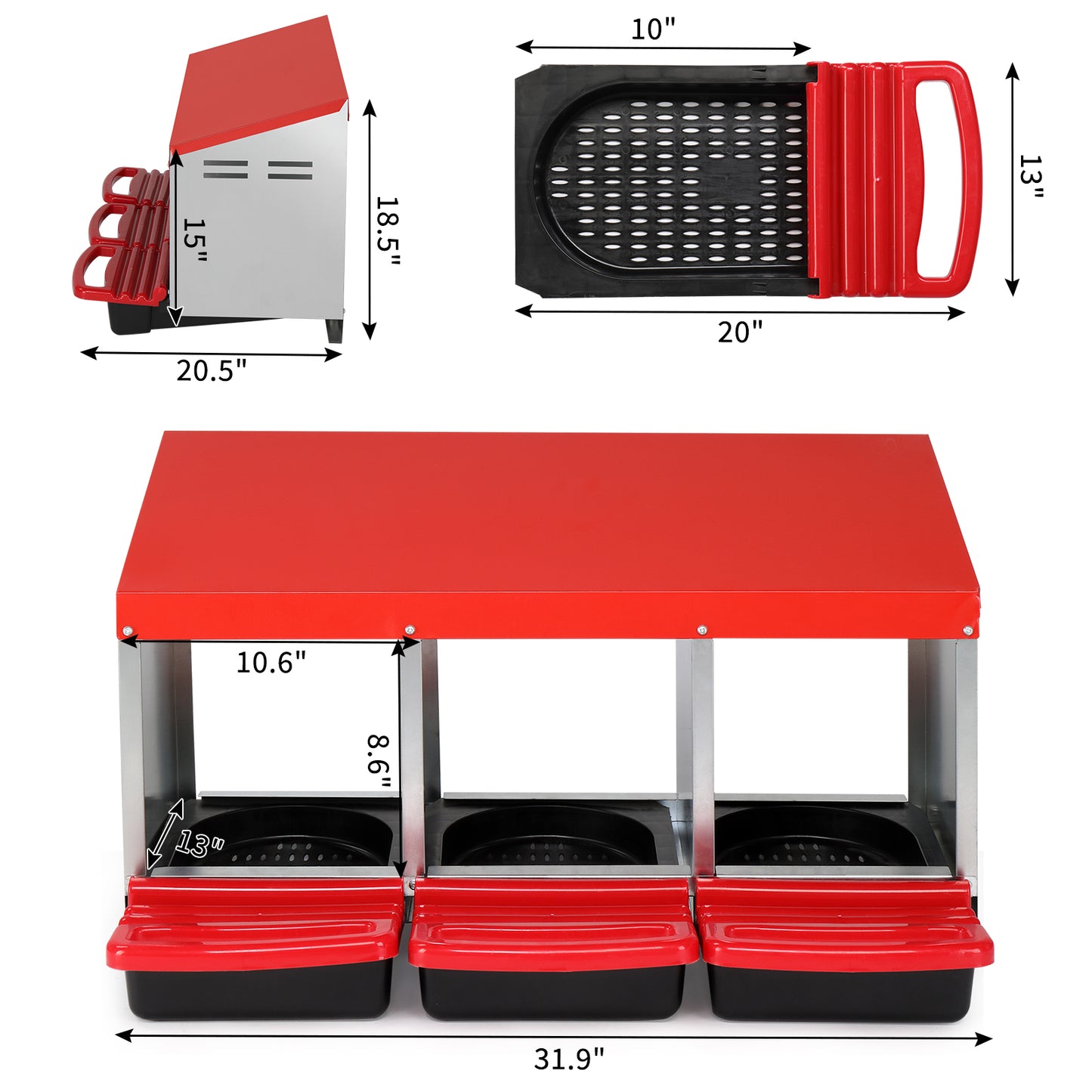 #96 3 Compartment Roll Out Chicken Nesting Box with Plastic Basket, Egg Nest Box Chicken Laying Box Hens Chicken Coop Box, Red