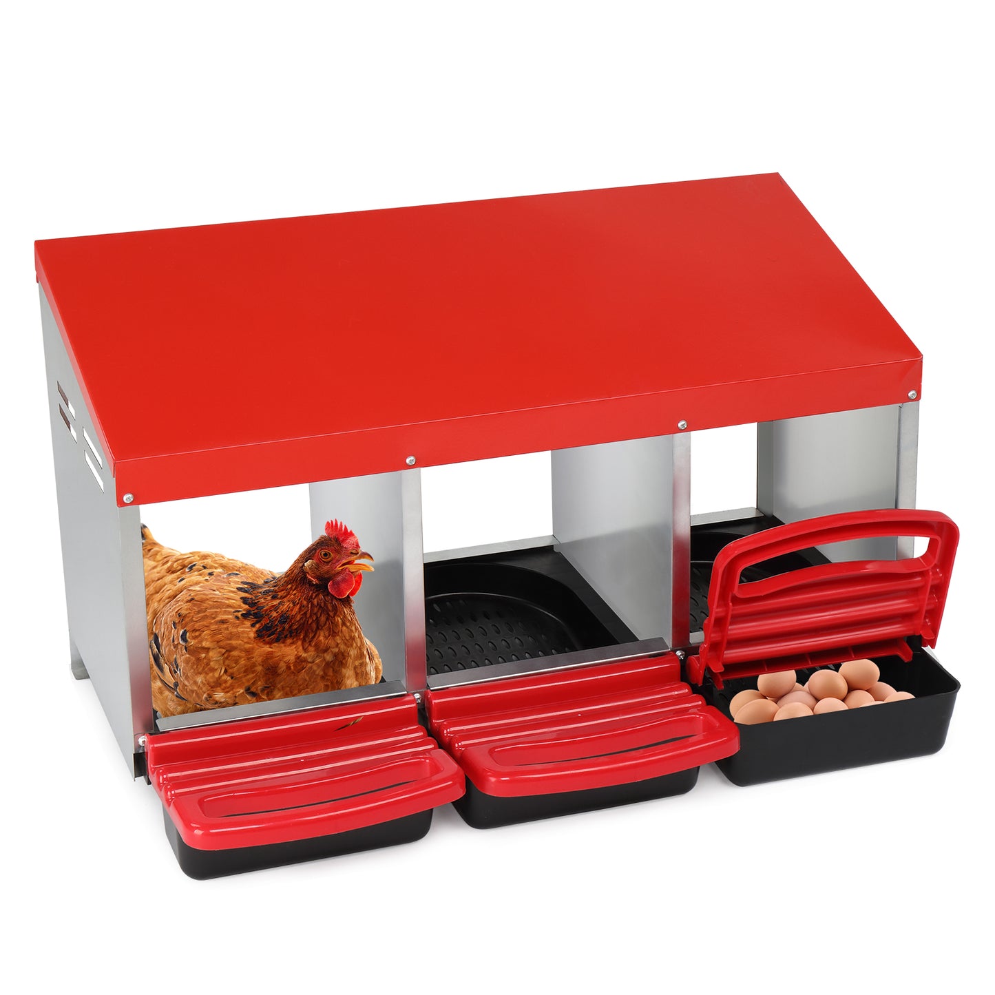 #96 3 Compartment Roll Out Chicken Nesting Box with Plastic Basket, Egg Nest Box Chicken Laying Box Hens Chicken Coop Box, Red