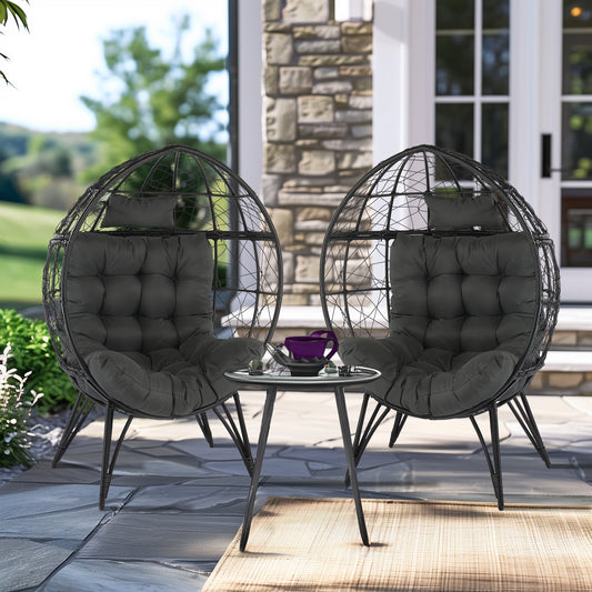 Wicker Egg Chair, Oversized Indoor Outdoor Lounger with Soft Cushions, Teardrop Cuddle Seat for Patio Porch Backyard Living Room Balcony, Black Rattan & Grey Cushion