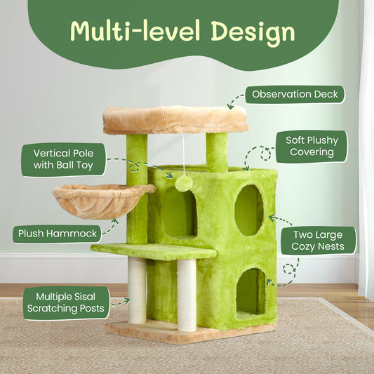 33 inch Cat Tree Cat Tower for Indoor Cats, Cat Activity Center Play House with Large Padded Perch, Hammock, 2-Tiered Condo, Scratching Posts & Dangling Ball, Yellow & Green