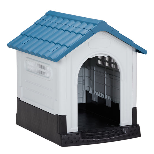 33 inch Large Plastic Dog House, Indoor Outdoor Doghouse Pet House with Air Vents and Elevated Floor, Insulated Water Resistant Puppy Shelter Kennel, Blue & White