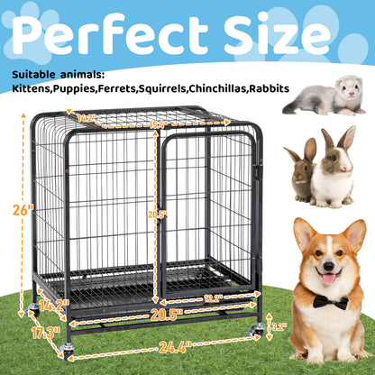 26 Inch Durable Cat Cage, Thickened Metal Wire Cat Enclosure Indoor with Double Doors, Lockable Wheels and Slide-out Trays, Black