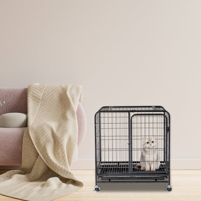 26 Inch Durable Cat Cage, Thickened Metal Wire Cat Enclosure Indoor with Double Doors, Lockable Wheels and Slide-out Trays, Black