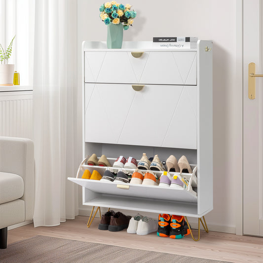 V-shaped carved door panel 2 drawers with top flip drawer shoe cabinet particle board 80*24*120cm white cabinet + gold accessories