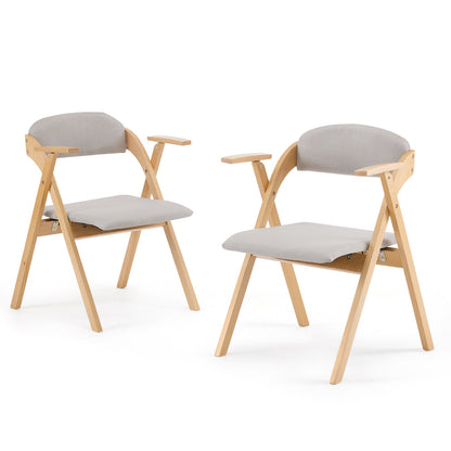 Set of 2 Wooden Folding Chairs with Padded Seats and Armrests, Portable Simple Folding Chairs with Cushion for Guests Kitchen Office Wedding Party Picnic, Natural Frame with Light Gray Cushion