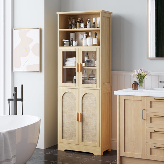4 doors 6 layers with rattan surface Triamine board veneer 60*30*170cm display cabinet original wood color N001