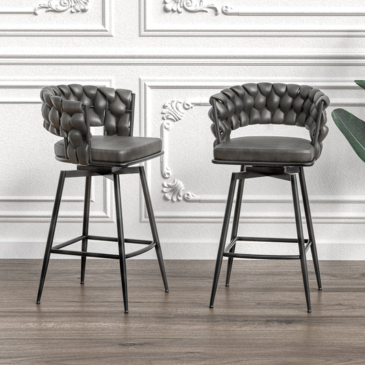 28" Technical Leather Woven Bar Stool Set of 2,Black legs Barstools No Adjustable Kitchen Island Chairs,360 Swivel Bar Stools Upholstered Bar Chair Counter Stool Arm Chairs with Back Footrest (Brown)