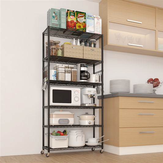 six-layer segmented with 2'' rubber wheels M8 adjustable feet 1 side cone hook Freely adjustable layer spacing display stand iron 90*40*185cm black