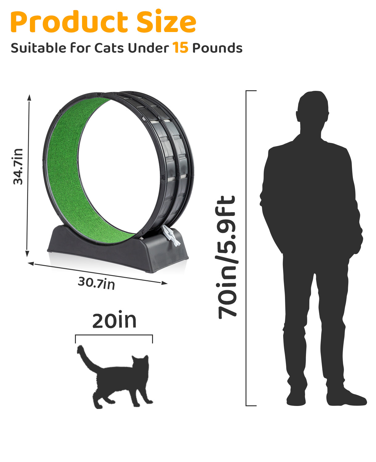 Cat Exercise Wheel, 31 inch Cat Wheels for Indoor Cats, Cat Treadmill Wheel Exerciser with Carpeted Runway, Plastic Cat Running Wheel for Cats Daily Exercise and Weight Loss, Black