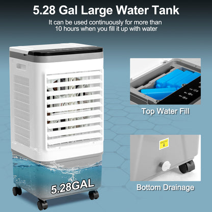 3 in 1 Portable Evaporative Cooler,720R,Indoor,Outdoor,461CFM Air Cooler with remote,Copper motor,5.28 Gal Water Tank & Scroll Casters, 4 Ice Packs,12H timer settings,Gray and White