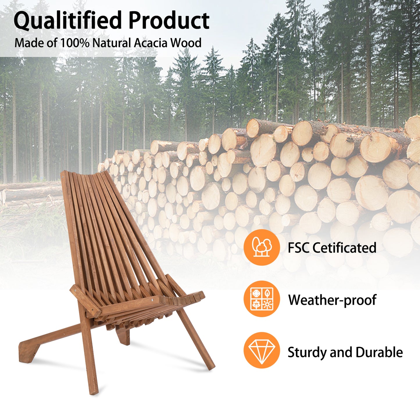 【Replace 66876605】Wood Folding Chair for Outdoor, Low Profile Acacia Wood Lounge Chair for Balcony Porch Backyard Patio Lawn Garden