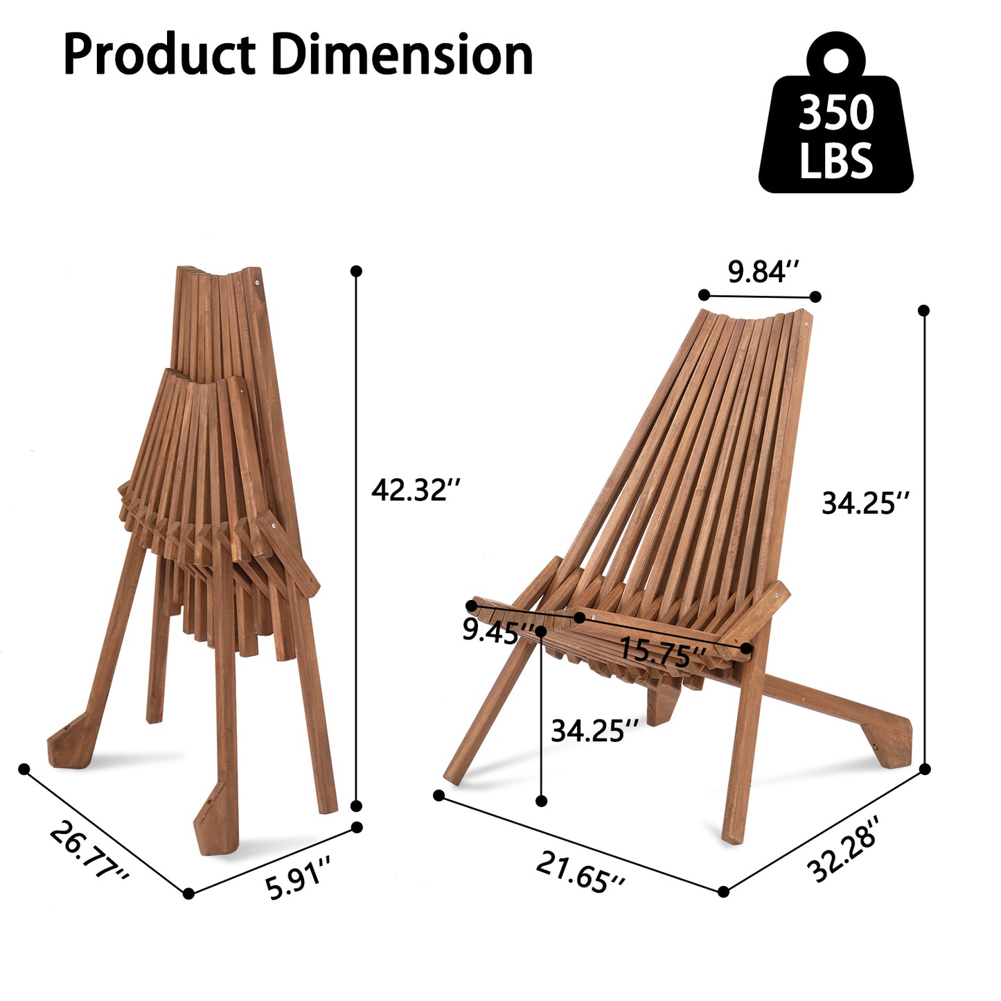 【Replace 66876605】Wood Folding Chair for Outdoor, Low Profile Acacia Wood Lounge Chair for Balcony Porch Backyard Patio Lawn Garden