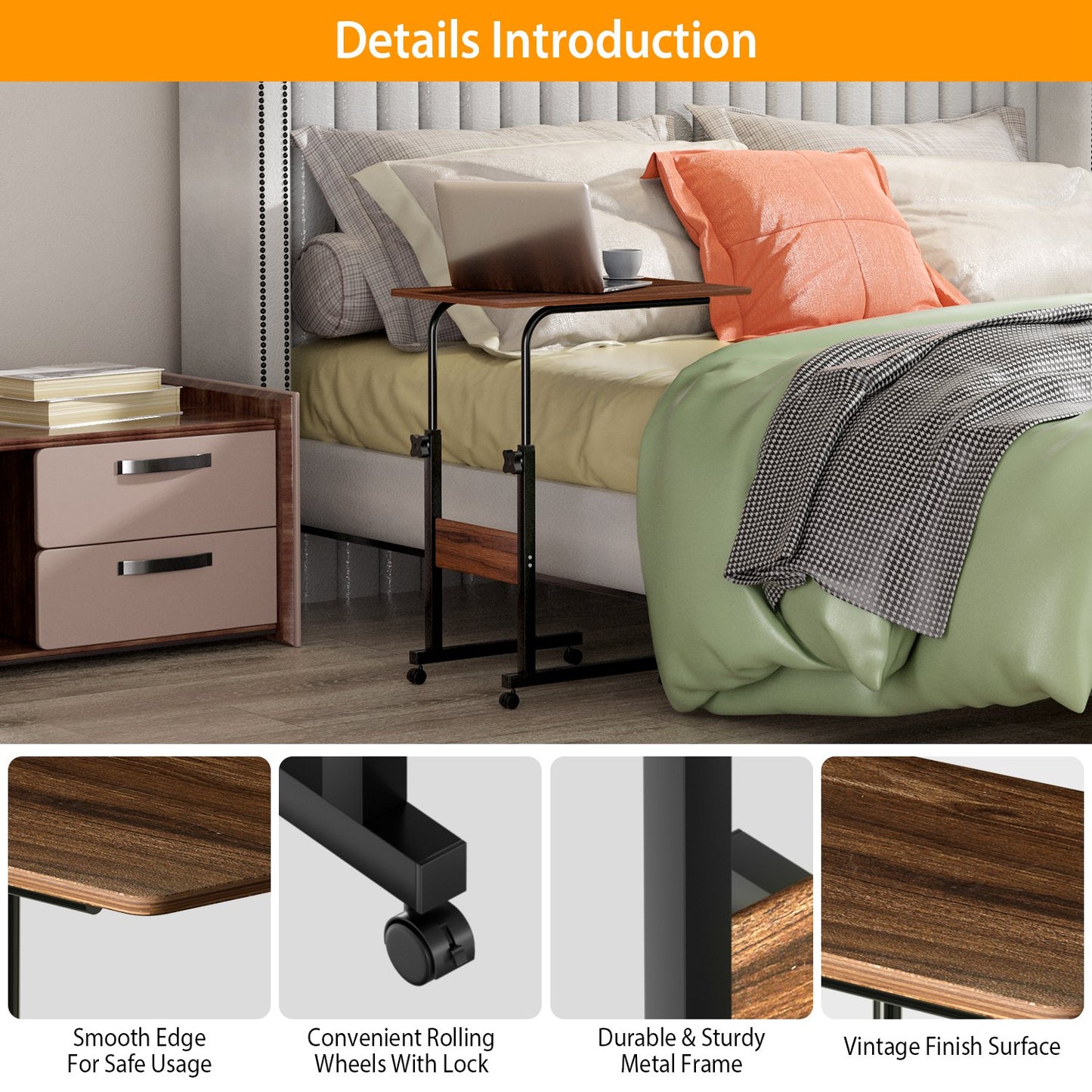 C Side Table Laptop Table Small Slim Snack Side Table for Couch Bed Sofa for Small Spaces Living Room Bedroom--Brown