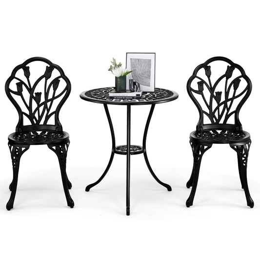 3 Pieces Patio Bistro Set, Rust-Resistant Cast Aluminum Outdoor Bistro Table and Chairs Set of 2, with Tulip Design and Umbrella Hole for Backyard, Garden, Balcony (Black)