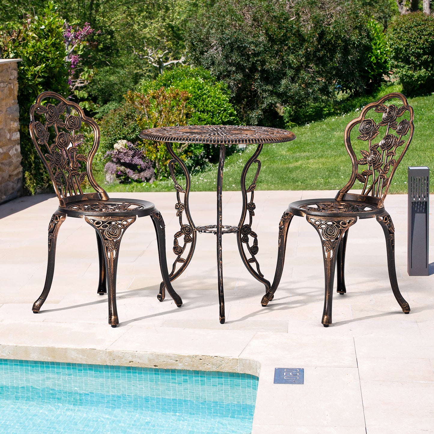 3 PCS Outdoor Bistro Set,Outdoor Patio Set, All-Weather Cast Aluminum Bistro Table Set for Backyard, Garden, Balcony （Rose）